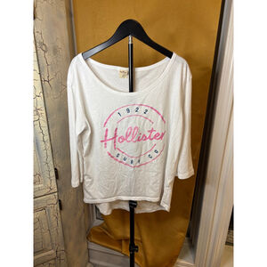 Hollister Surf Co Graphic Tee Women M White Pink Logo 3/4 Sleeve Beachy Top Y2K